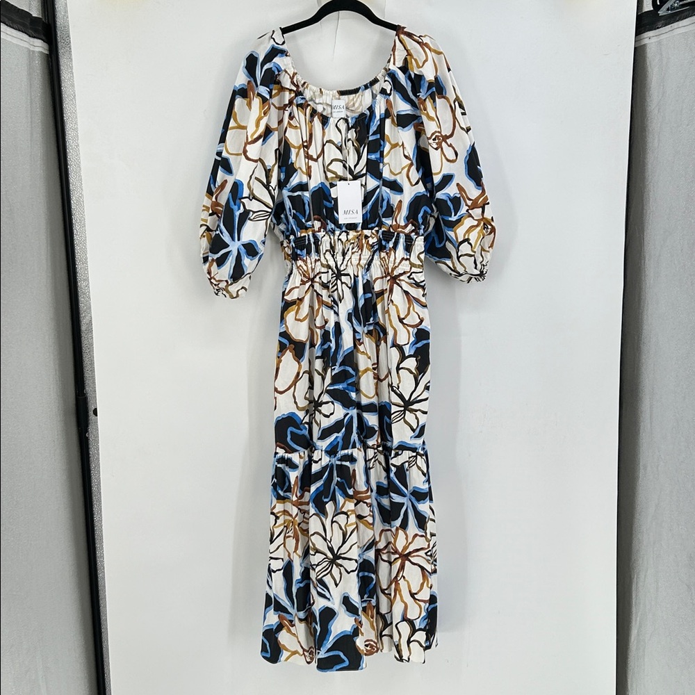 Misa Los Angeles White Maxi Dress with Blue and Brown Floral Print